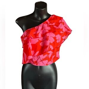 Unbranded women’s one shoulder ruffle floral top red pink size S preloved